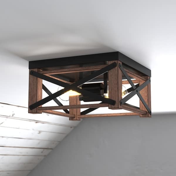 slide 2 of 10, Colton 12-in W Brown Wood Cage Flush Mount Ceiling Light Fixture - 12-in W x 6.5-in H x 12-in D Rustic Oak and Noble Bronze - 12-in W x 6.5-in H x 12-in D