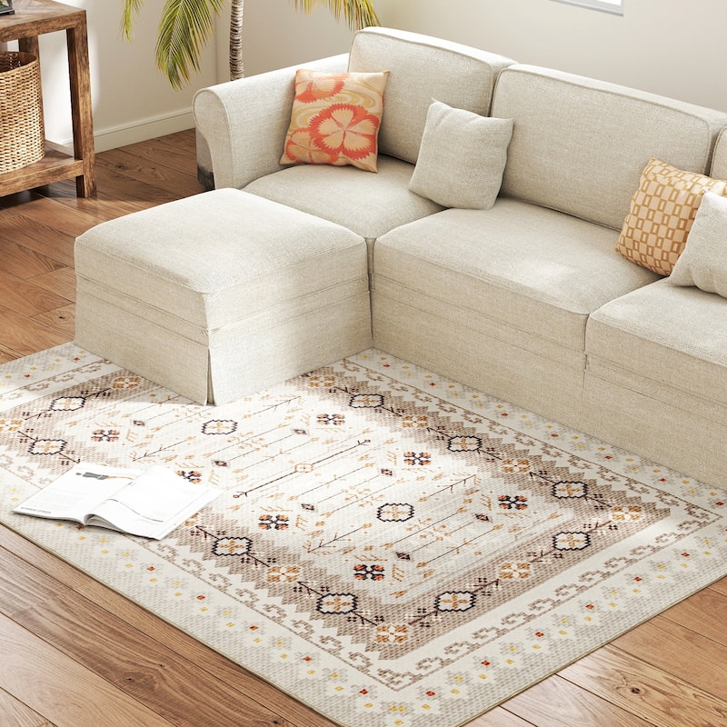 HOMCOM Area Rug 4x6, Machine Washable Rug, Non-Slip Boho Floral Print Floor Cover Foldable Carpet for Living Room - 3'6"