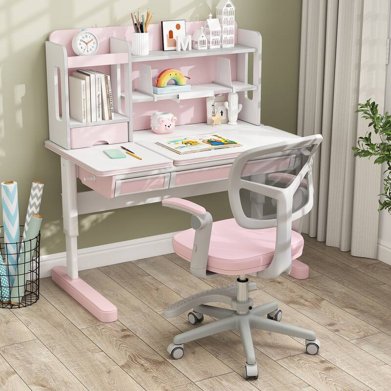 Height Adjustable Children Desk Chair with Swivel Base and Lumbar Support Smooth Wheels - 22.5" x 21.5" x 31.5"-36"