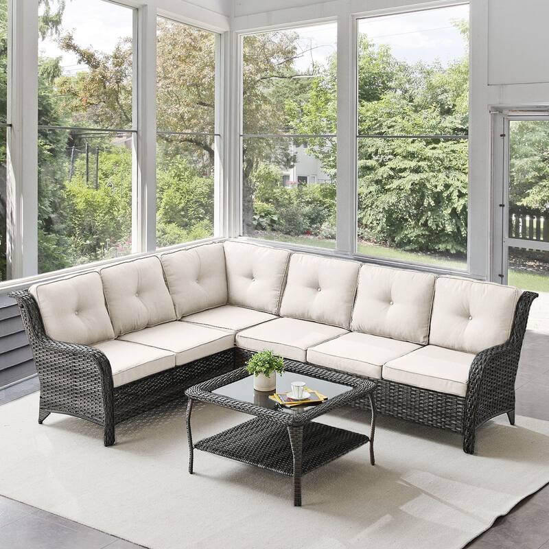 Gymojoy 6-seats L-Shaped Outdoor Corner Sectional Sofa Couch Conversation Set - 2-Piece - Sectional Sofa & Coffee Table - Grey Wicker / Beige Cusion