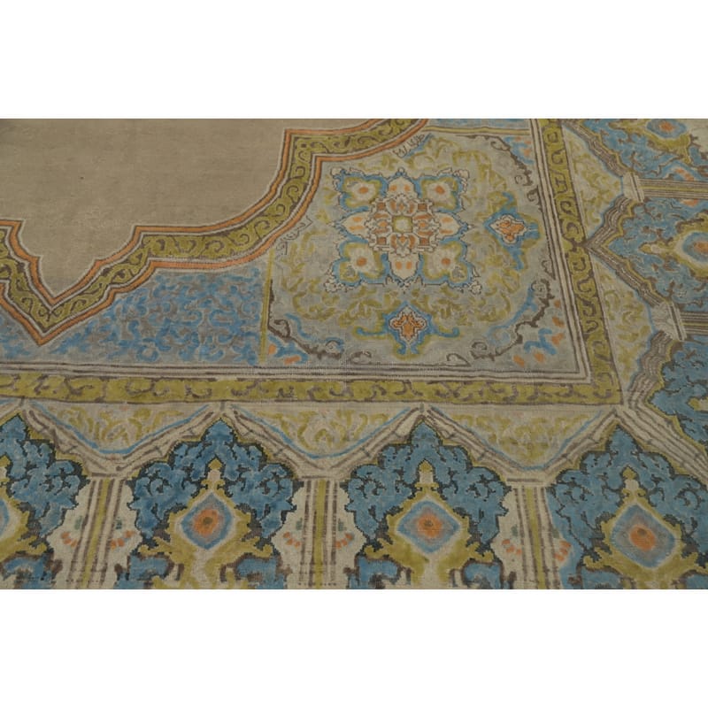 Hand Knotted Oriental 100% Wool Carpet Traditional Medallion Beige & Ivories Kerman Area Rug - 13' 4'' X 9' 7''
