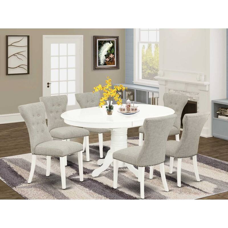 HomeStock 7-Pc Linen White Finish Solid Wood Top Dining Table with 6 Parson-Chairs with Butterfly Leaf