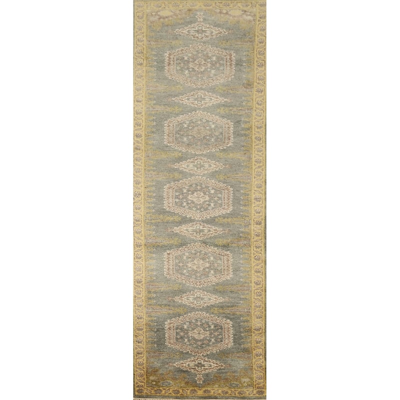 Hand Knotted Oriental 100% Wool Carpet Traditional Geometric Greys & Charcoal Viss Runner Rug - 9' 10'' X 2' 7''