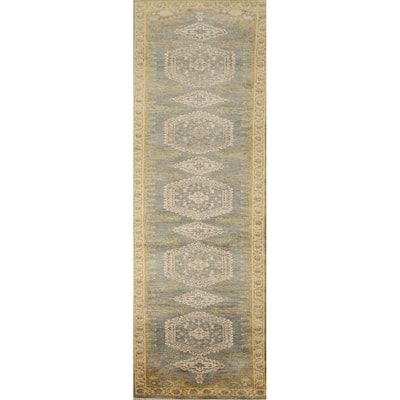 Hand Knotted Oriental 100% Wool Carpet Traditional Geometric Greys & Charcoal Viss Runner Rug - 9' 10'' X 2' 7''