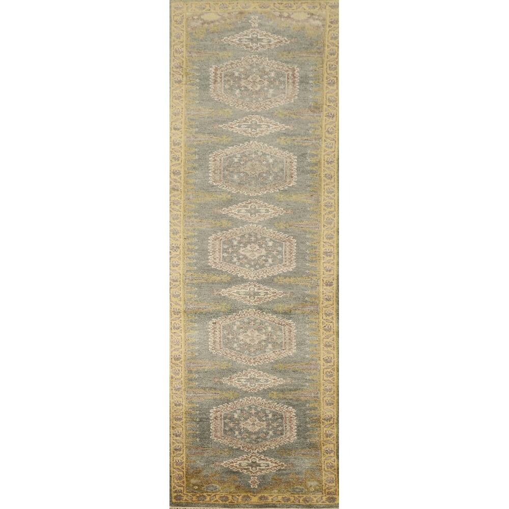 Hand Knotted Oriental 100% Wool Carpet Traditional Geometric Greys & Charcoal Viss Runner Rug - 9' 10'' X 2' 7''