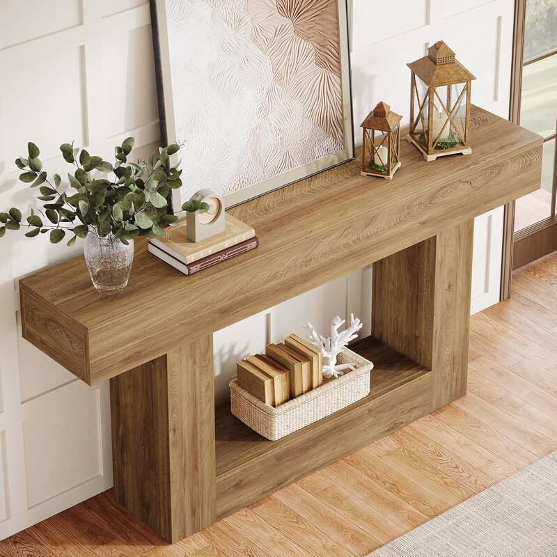 Farmhouse 2 Tiers Entryway Table, 63 Inches Console Table, Narrow Sofa Table