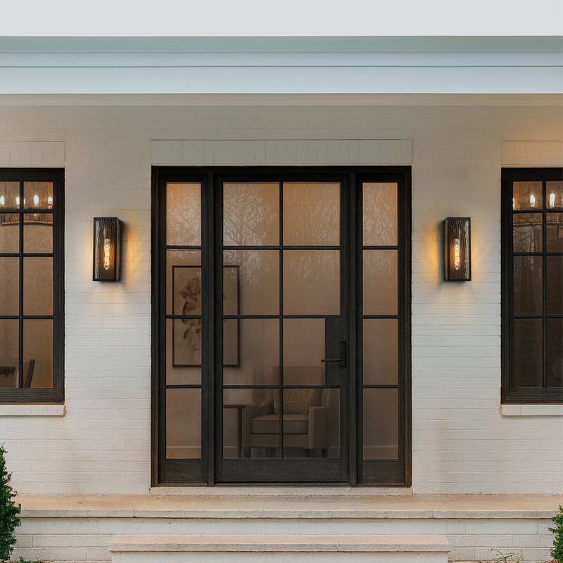 H13" 1-Light Modern Black Outdoor Wall Sconce with Water Ripple Glass and Dusk to Dawn Sensor Open Bottom for Garage(2 Pack)