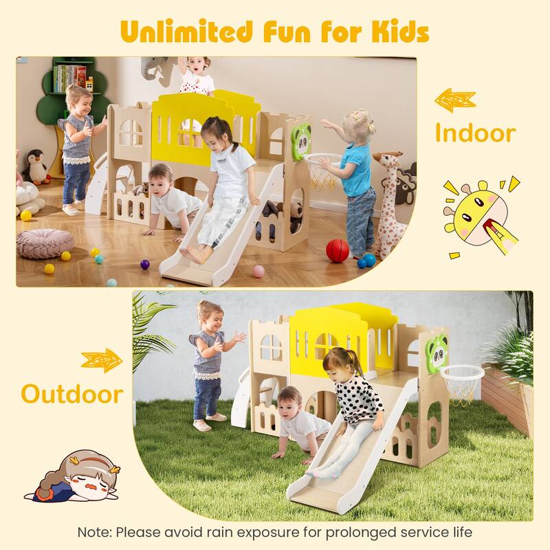 Gymax 7-in-1 Toddler Slide Set Wooden Castle-Shaped Entertainment