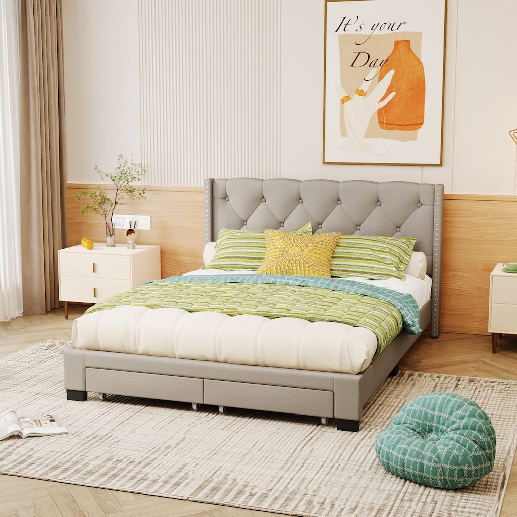 Queen Size Upholstered Storage Platform Bed with Two Drawers