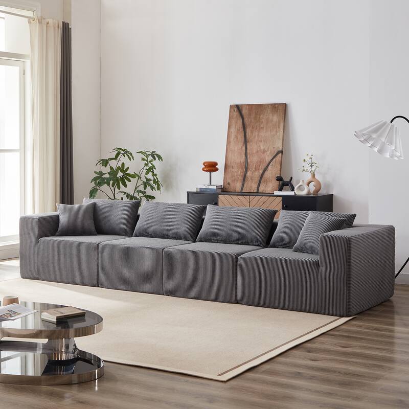 Corduroy Convertible Sectional Cloud Sofa, Foam-Filled Compressed Boneless Sofa, Modular L Shaped Floor 4 Seat Sofa