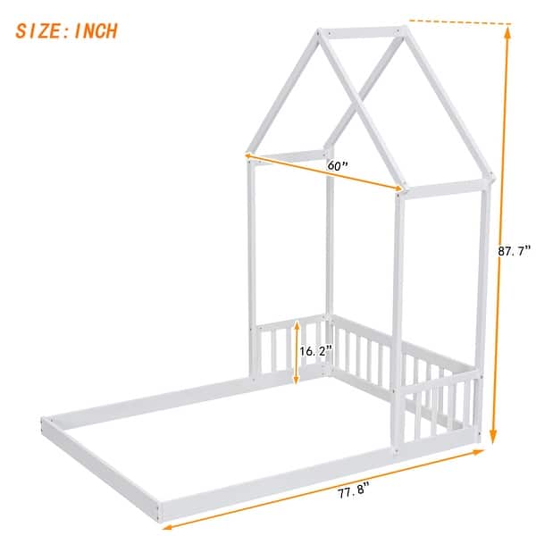 White Kids Bed Frame Full Size Safety Floor Bed