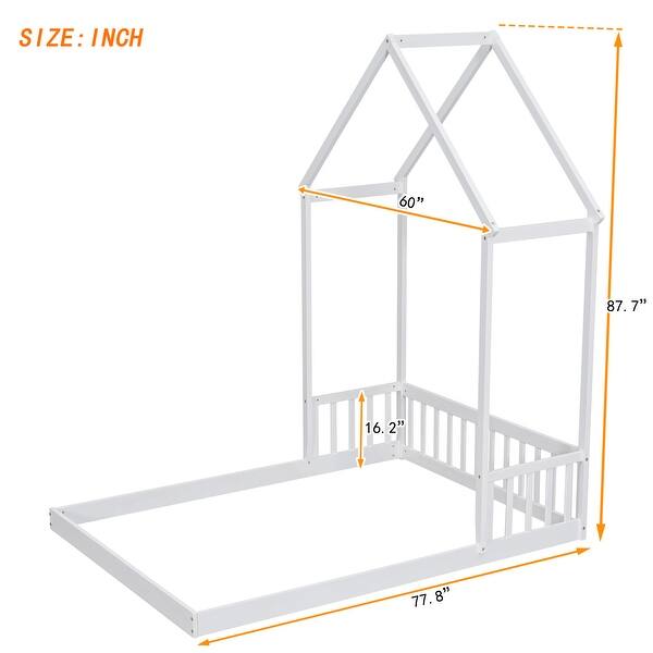 dimension image slide 5 of 6, Wood Floor House Bed wRoof Framed Headboard and Guardrails