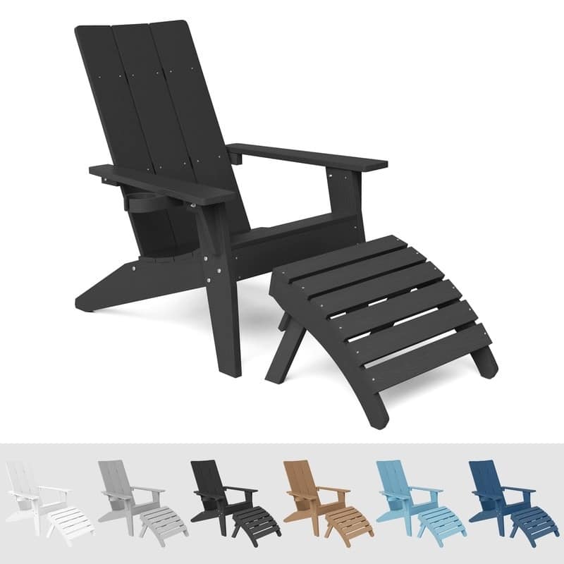 WINSOON 2-Piece All Weather HIPS Outdoor Adirondack Chair with Cup-Holder and Ottoman