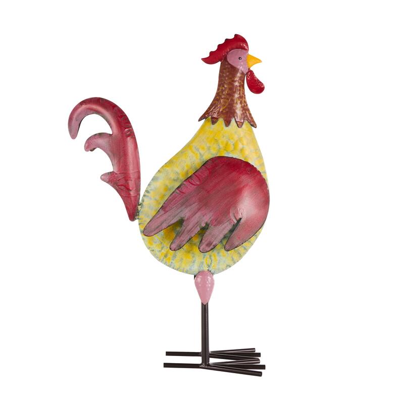Black Metal Textured Rooster Decorative Garden Sculpture with Red Accents