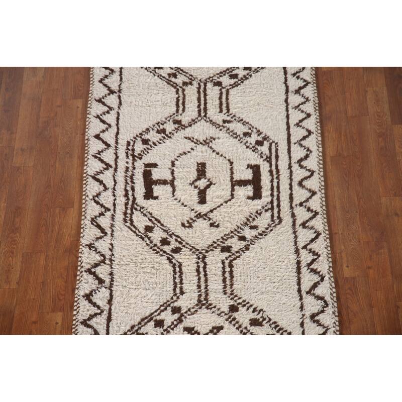 Beige Tribal Anatolian Runner Rug Hand-knotted Wool Carpet - 3'1"x 12'7"