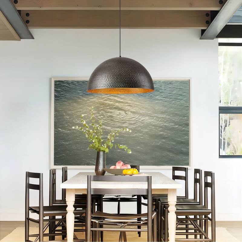 1-Light Industrial Farmhouse Oversized Pendant Gold Leaf Hammered Semi-Sphere Dome Pendant Light for Kitchen Island
