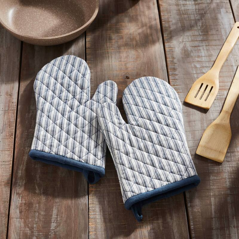 Sawyer Mill Blue Ticking Stripe Oven Mitt Set of 2 - 8x8 - 8x8 - Blue