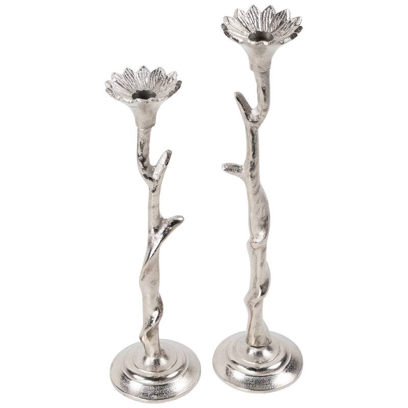 Floral Metal Taper Candle Holders - 16" - Silver Finish - Set of 2