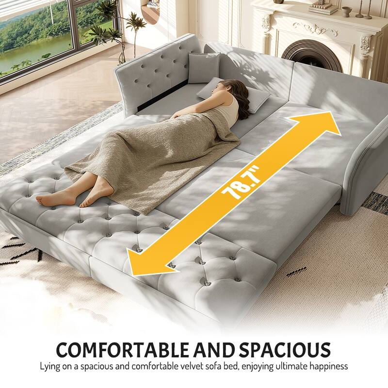 74.4" Velvet Sofa Bed, Pull-Out Sleeper Couch, Convertible Loveseat, Upholstered Sofa Bed with Tufted Backrest, Flared Arms