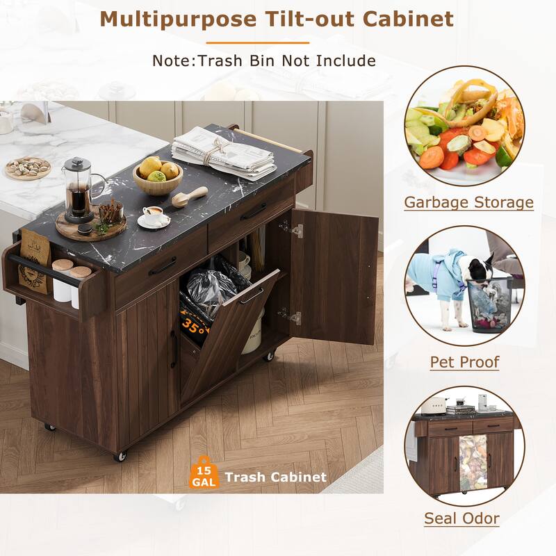 Kitchen Island with Trash Can Storage Cabinet,with Drop Leaf, Spice Rack, Towel Rack and Drawer, Rolling Kitchen Island on Wheel