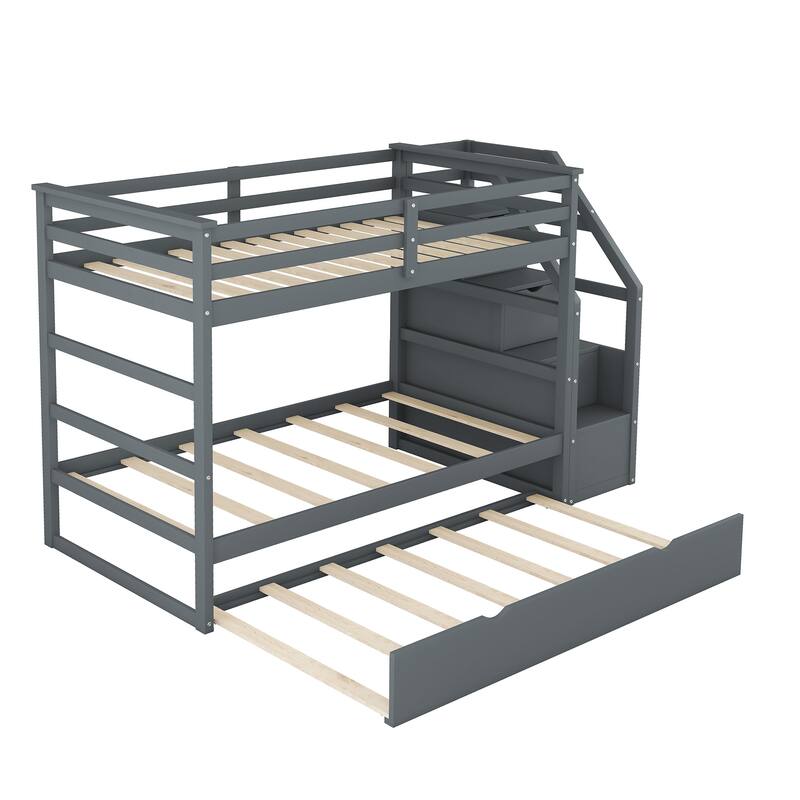 Wood Bunk Beds, Twin-Over-Twin Staircase Bunk Bed with Trundle&Storage