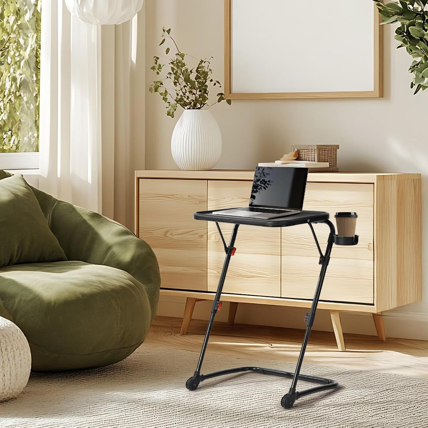 Z-Shaped End Table with Cup Holder, Foldable Side Tray for Sofa