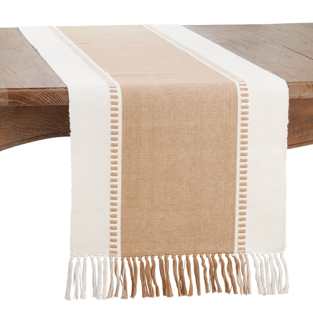 Striped Cotton Table Runner with Tassel Fringe – Woven Neutral Table Décor for Modern, Farmhouse, Boho & Coastal Homes - 16"x72"
