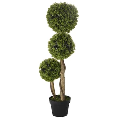 Artificial Three-Ball Boxwood Tree 35 Inch Dark Green with Cement Pot for Home Office and Outdoor Decoration