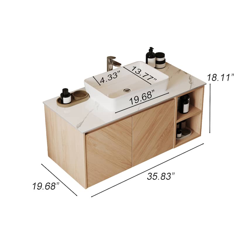 35.83'' Single Bathroom Vanity with Stone Top, Brown Wood, Black Vessel, Floading Vanities