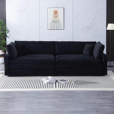112-inch Black Corduroy Sofa with 2 Throw Pillows for Versatile Home Styles