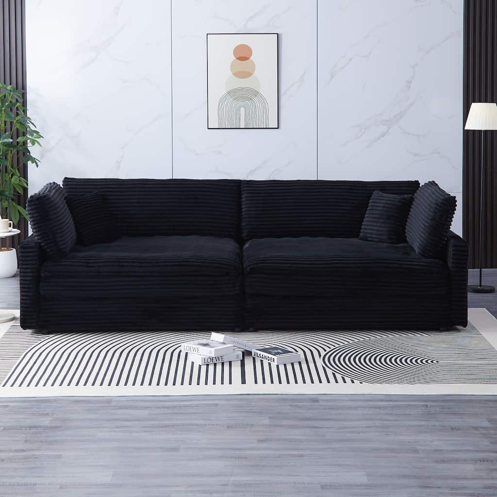 112-inch Black Corduroy Sofa with 2 Throw Pillows for Versatile Home Styles