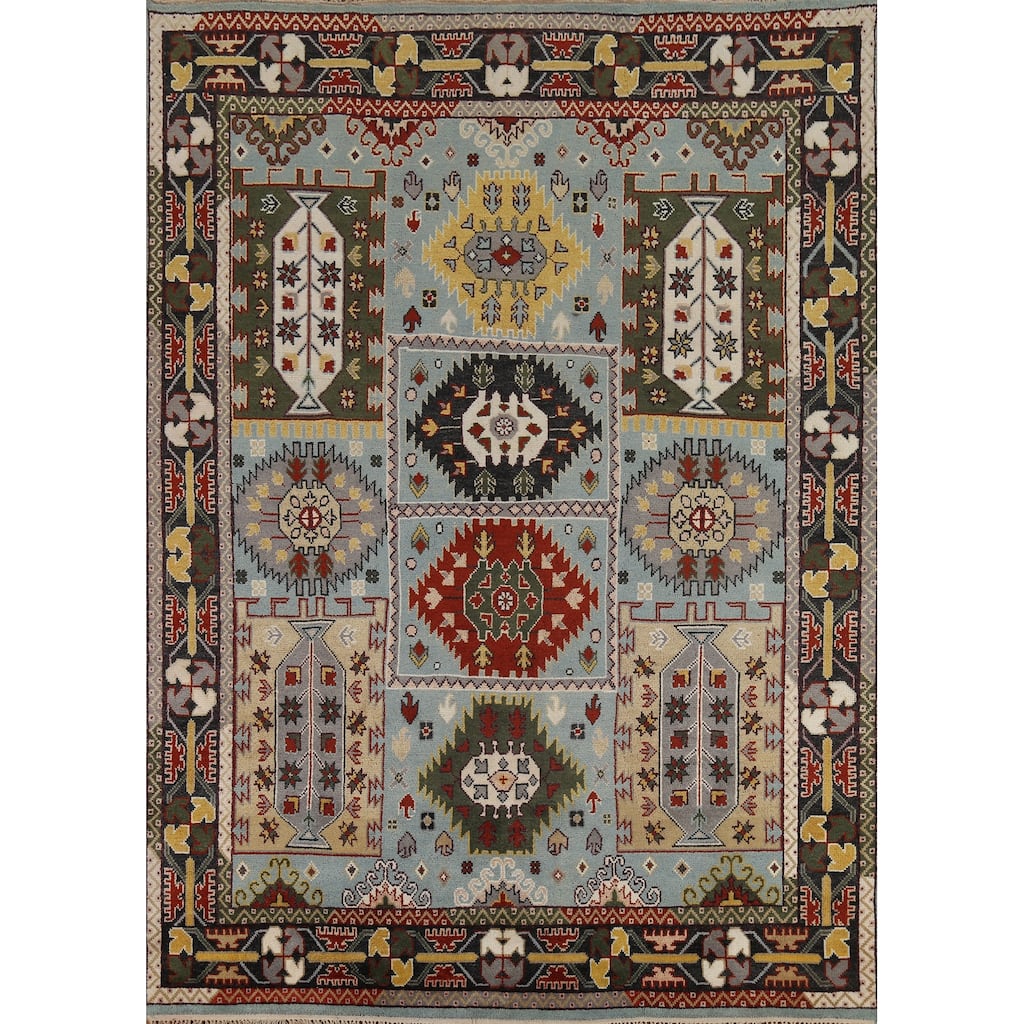 Light Blue Geometric Kazak Indian Area Rug Hand-Knotted Wool Carpet - 8'0"x 10'2"