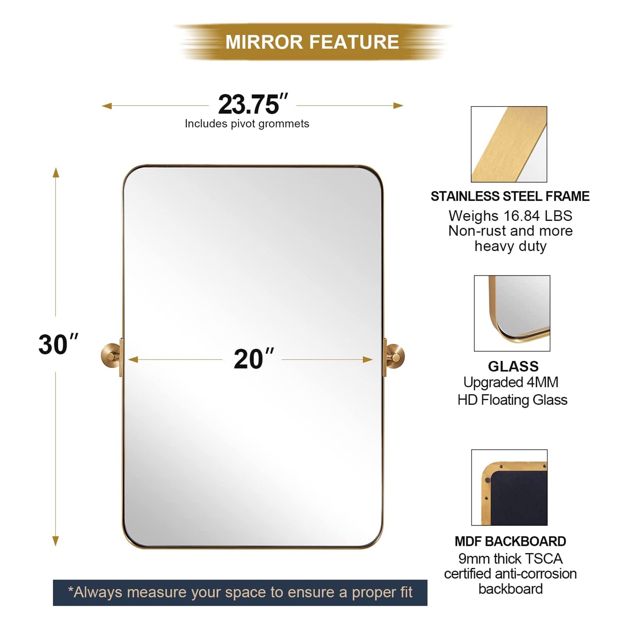 ANDY STAR 20 x 30 Inch Rectangular Tilting Modern Vanity Mirror, Brushed  Gold 15.32 On Sale Bed Bath  Beyond 36762053