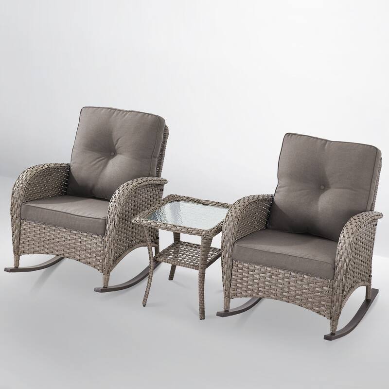 PlainCurve 3-Piece Wicker Outdoor Patio Conversation Set with Rocking Chairs and Olefin Cushions