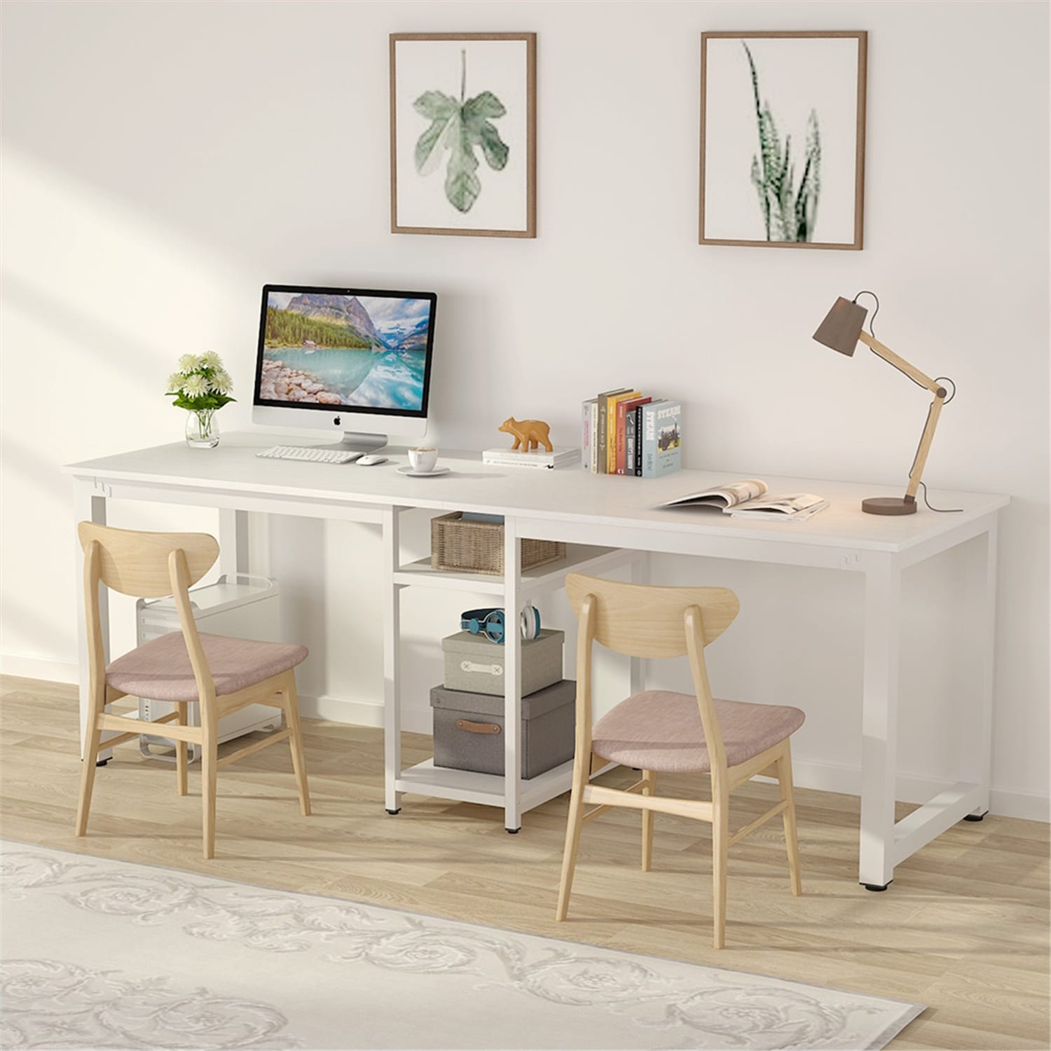 Computer Desk 40 inch Desk with 2-Tier Shelves Sturdy White Desk