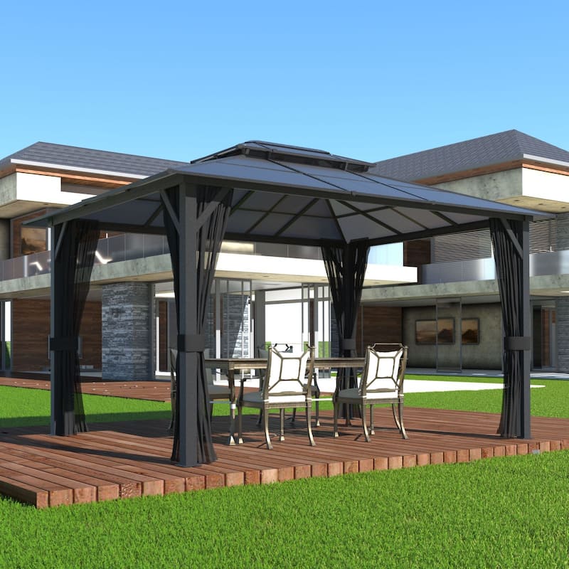 VEIKOUS 13' x 10' Outdoor Double Hardtop Gazebo for Patio with Netting