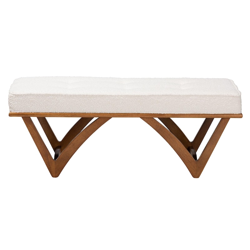Chenoa Japandi Cream Boucle Fabric and Walnut Brown Finished Wood Bench