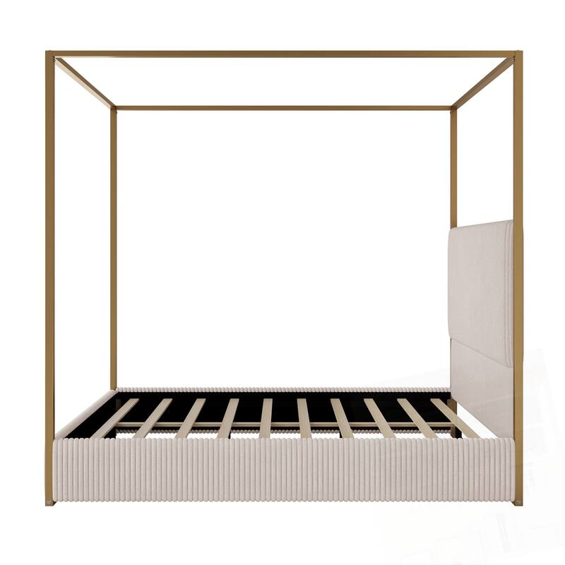 Modern Metal Canopy Bed with Tall Upholstered Headboard and Gold Four Poster
