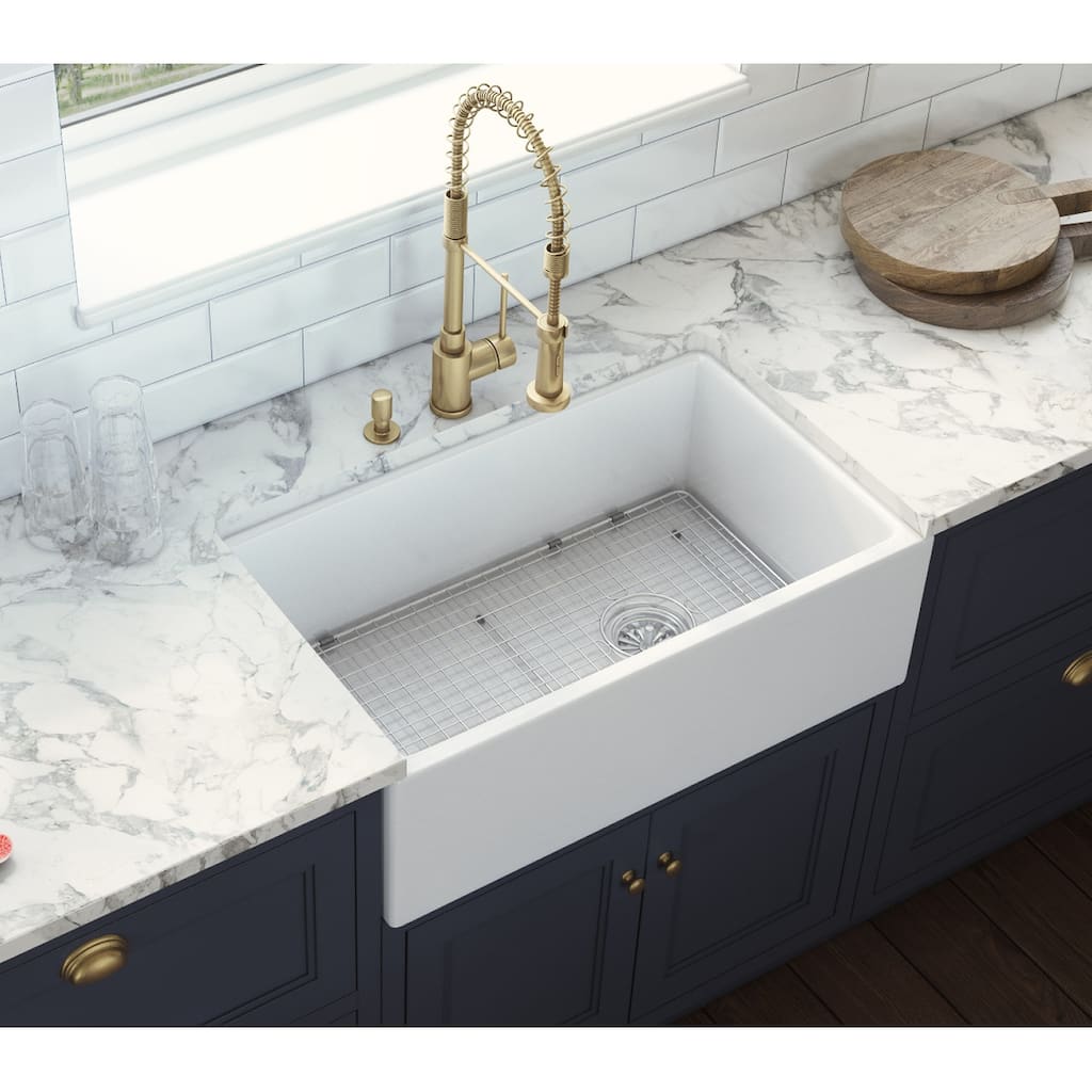 Ruvati 30-inch Fireclay Farmhouse Offset Drain Kitchen Sink Single Bowl White - Right Drain -