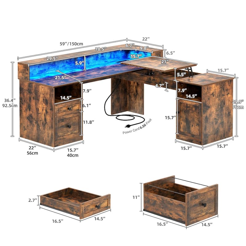 Moasis 59" L Shaped Desk Corner LED Computer Gaming Desk with File Cabinet and Lift Table Top