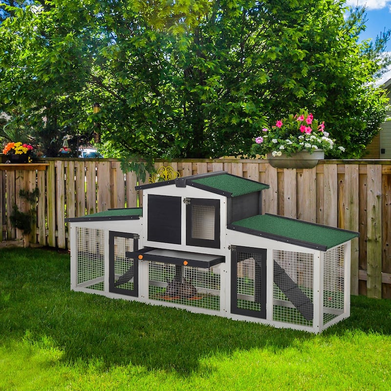 PawHut Large Rabbit Hutch with Double Runs, Wooden Guinea Pig Cage Outdoor, Bunny Cage with Removable Tray