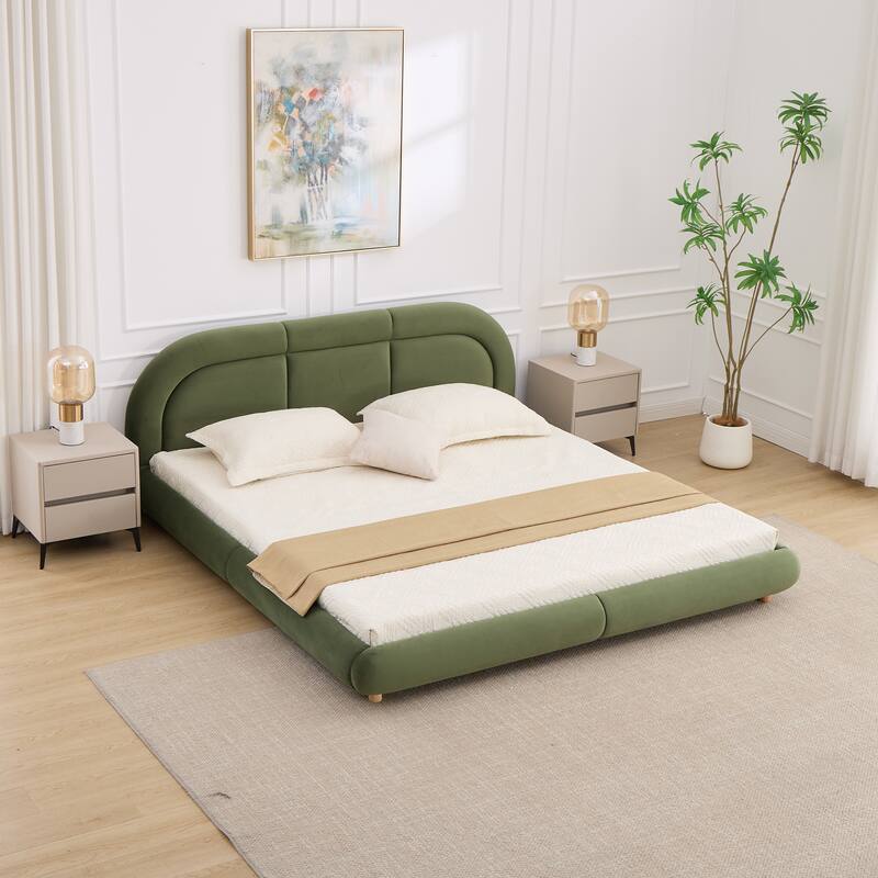 King Size Velvet Upholstered Platform Bed with Curved Headboard