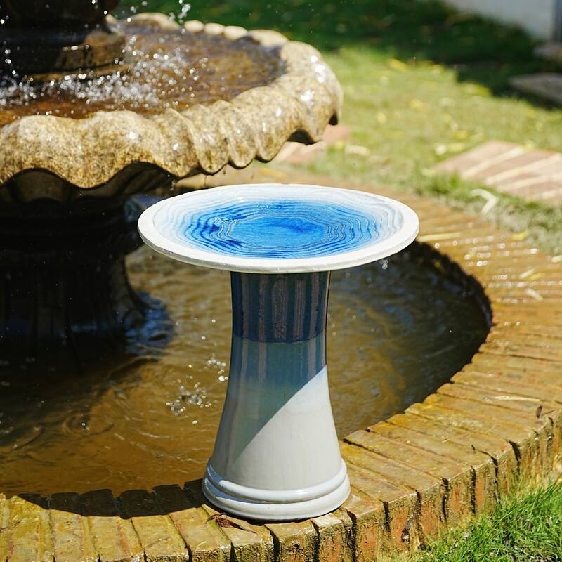 17"Ceramic Bird Bath for Outside, Elegant Tall Outdoor Bird Bath, Lightweight Pedestal Glazed Birdbaths with Swirl Pattern - Blue