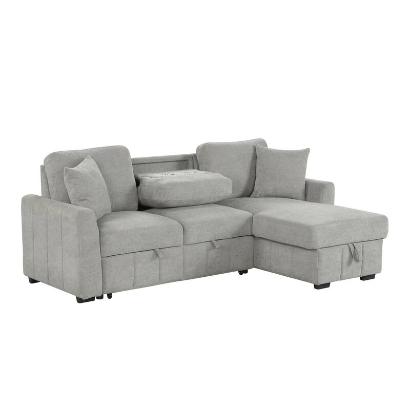 L-Shaped Convertible Sleeper Sectional Sofa with Reversible Storage Chaise and Drop-Down Console with Dual Cup Holders