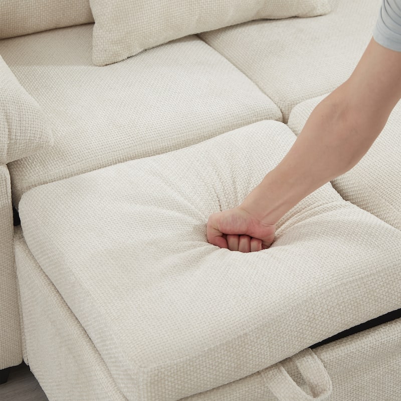 L-Shaped Chenille Sectional Sofa with Pull-Out Bed, Upholstered Convertible 7-Seater Sofa with Storage Ottoman & 2 Pillows