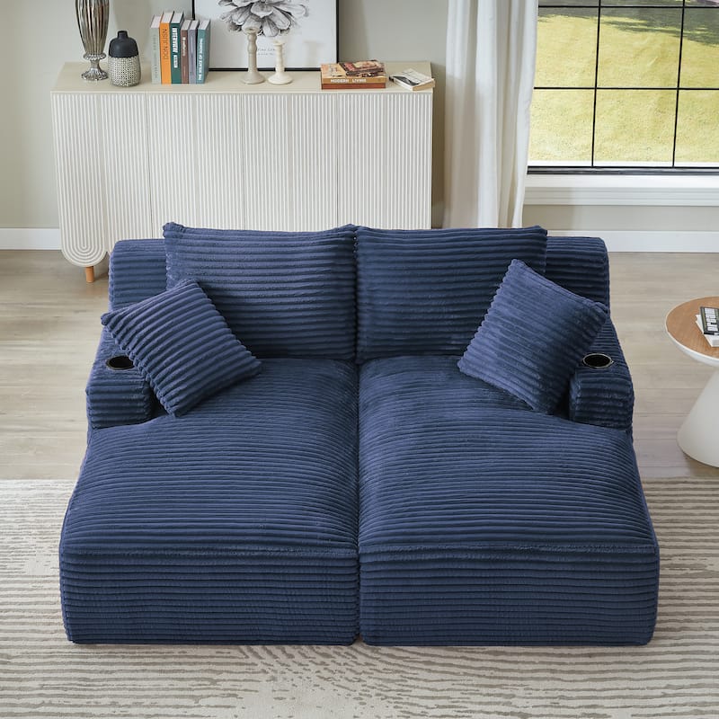 Compressible Double Chaise Lounge With Cupholders - No Assembly Required, Fluffy Modern Sleeper Loveseat