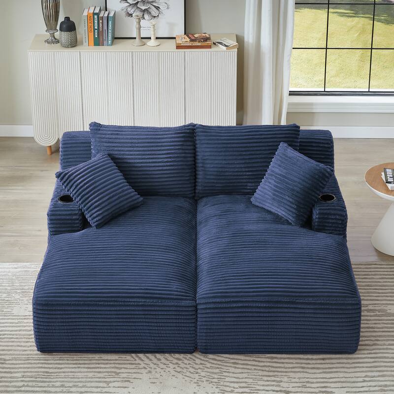 Roomfitters Double Chaise Lounge with Cup Holders and Plush Corduroy Upholstery, No Assembly Modern Sleeper Loveseat