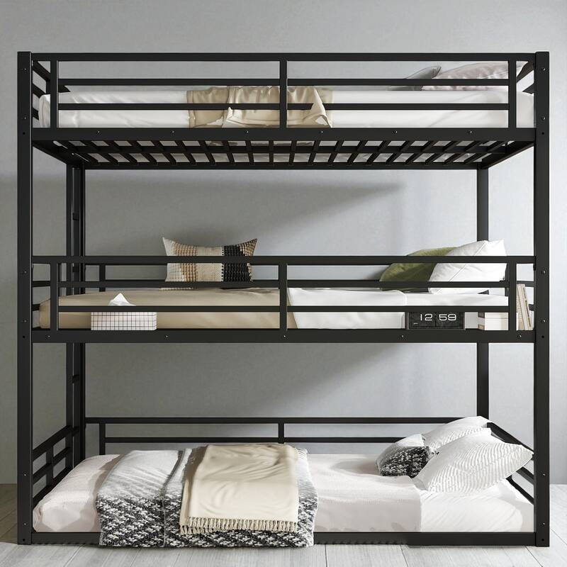 Triple Metal Bunk Bed with Safety Rails, Heavy-Duty Space-Saving Design - Black - Queen