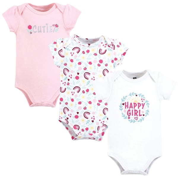 slide 1 of 1, Hudson Baby Infant Girl Cotton Bodysuits, Happy Girl Wreath 0-3 Months - Happy Girl Wreath