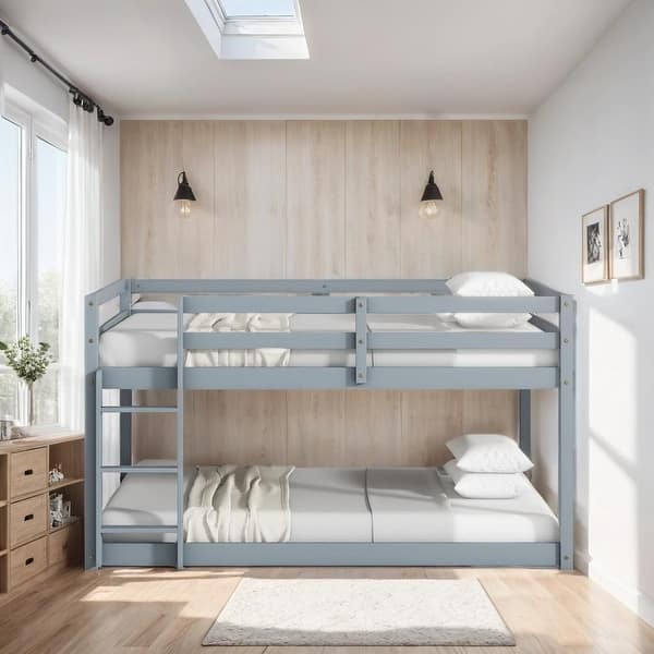 slide 2 of 47, Artsy Solid Wooden Twin over Twin Bunk Bed with Ladder, Upper and Bottom Bed Platforms crafted with Strengthened Slats Grey